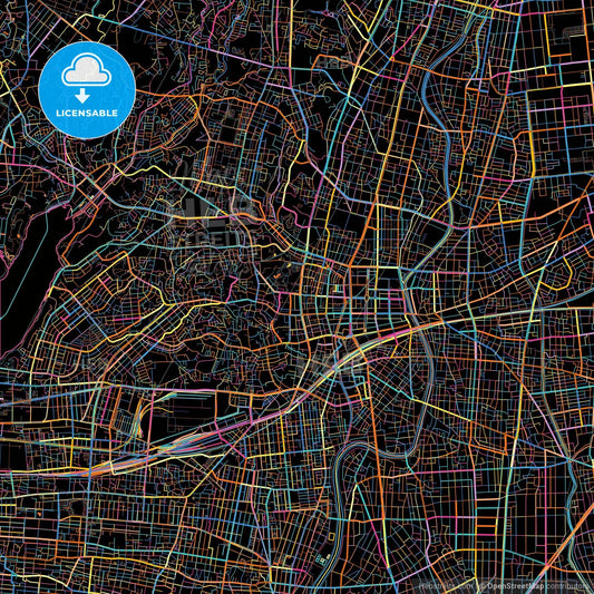 Hamamatsu, Shizuoka, Japan, colorful city map on black background