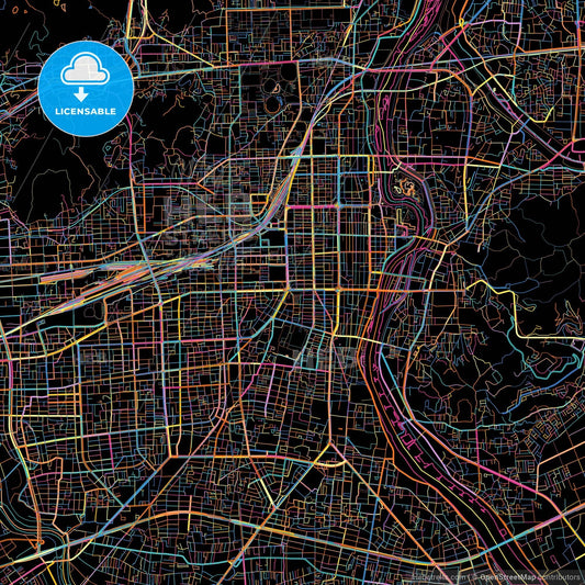 Okayama, Okayama, Japan, colorful city map on black background