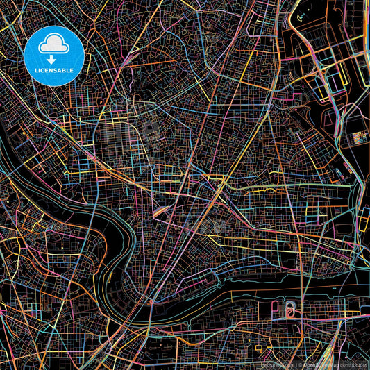 Ōta, Tokyo, Japan, colorful city map on black background