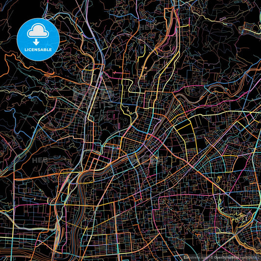 Kumamoto, Kumamoto, Japan, colorful city map on black background