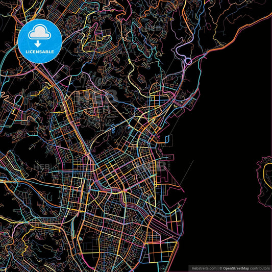 Kagoshima, Kagoshima, Japan, colorful city map on black background