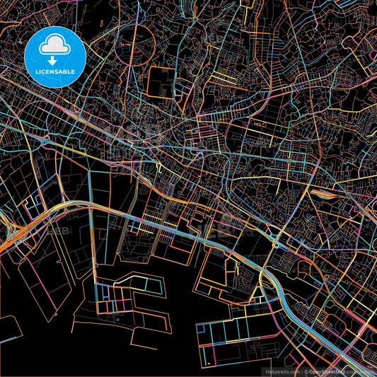 Funabashi, Chiba, Japan, colorful city map on black background