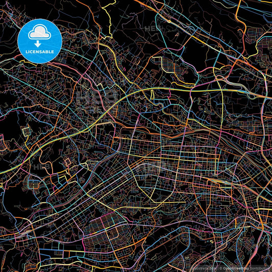 Hachiōji, Tokyo, Japan, colorful city map on black background