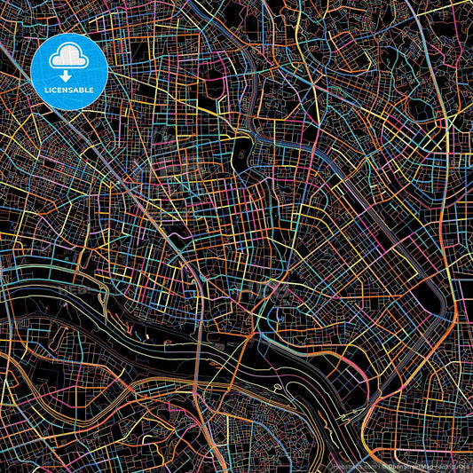 Kawaguchi, Saitama, Japan, colorful city map on black background