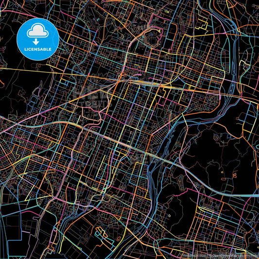 Himeji, Hyōgo, Japan, colorful city map on black background