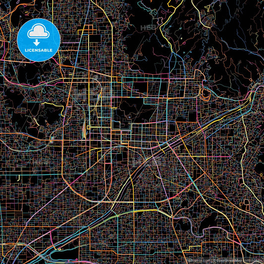 Matsuyama, Ehime, Japan, colorful city map on black background