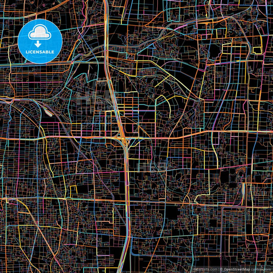 Higashiōsaka, Osaka, Japan, colorful city map on black background