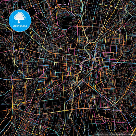 Utsunomiya, Tochigi, Japan, colorful city map on black background