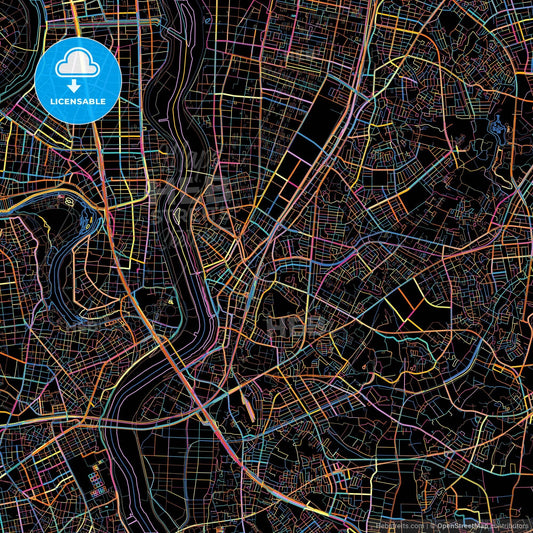 Matsudo, Chiba, Japan, colorful city map on black background
