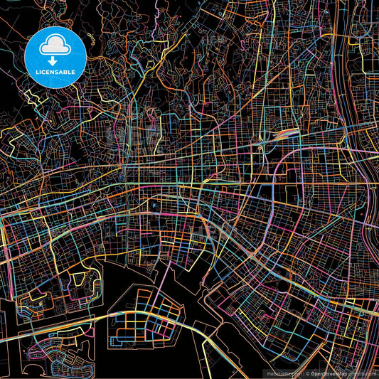 Nishinomiya, Hyōgo, Japan, colorful city map on black background