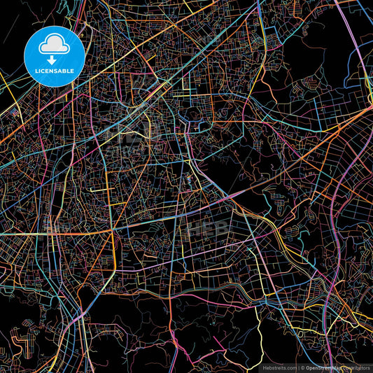 Kurashiki, Okayama, Japan, colorful city map on black background