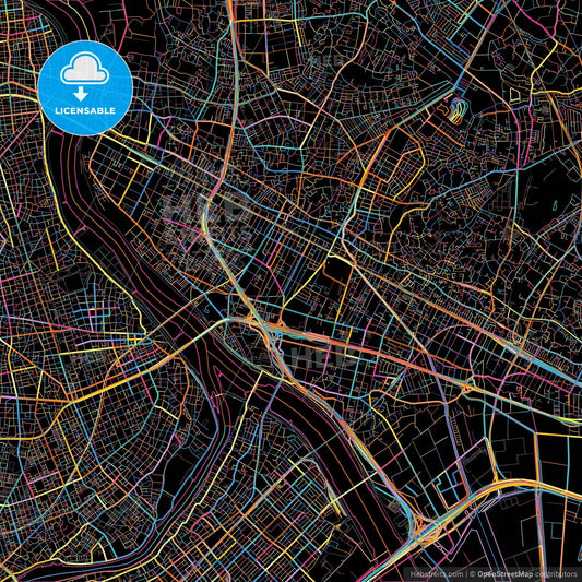 Ichikawa, Chiba, Japan, colorful city map on black background