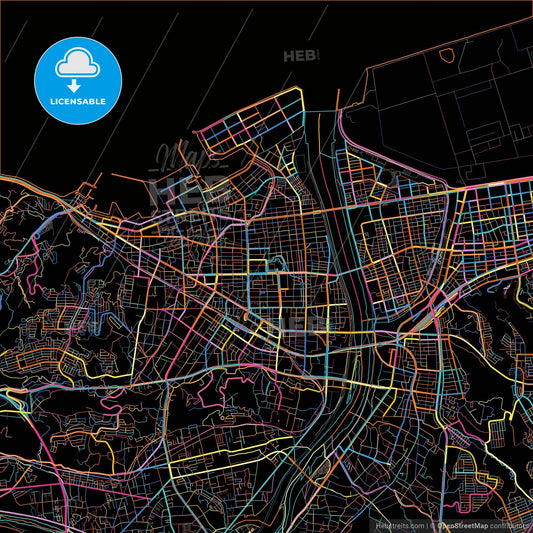 Ōita, Ōita, Japan, colorful city map on black background