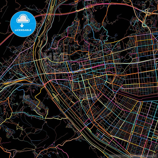 Fukuyama, Hiroshima, Japan, colorful city map on black background