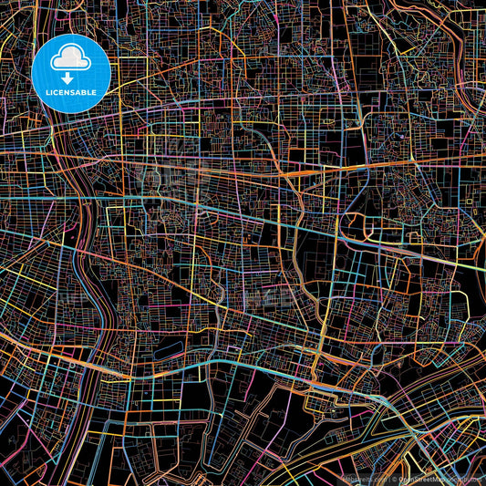 Amagasaki, Hyōgo, Japan, colorful city map on black background