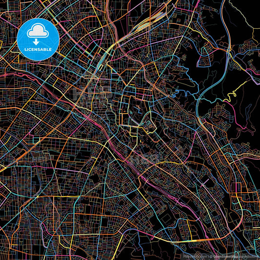 Kanazawa, Ishikawa, Japan, colorful city map on black background