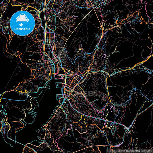Nagasaki, Nagasaki, Japan, colorful city map on black background