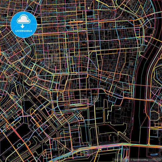 Kōtō, Tokyo, Japan, colorful city map on black background