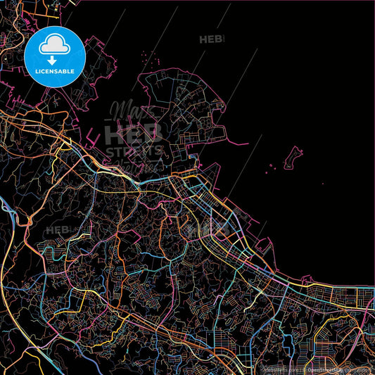 Yokosuka, Kanagawa, Japan, colorful city map on black background