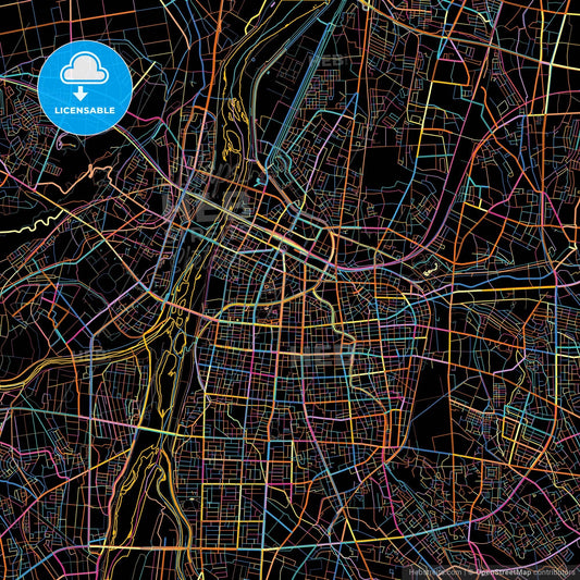 Toyama, Toyama, Japan, colorful city map on black background