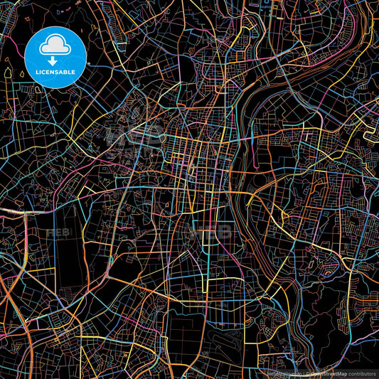 Toyota, Aichi, Japan, colorful city map on black background