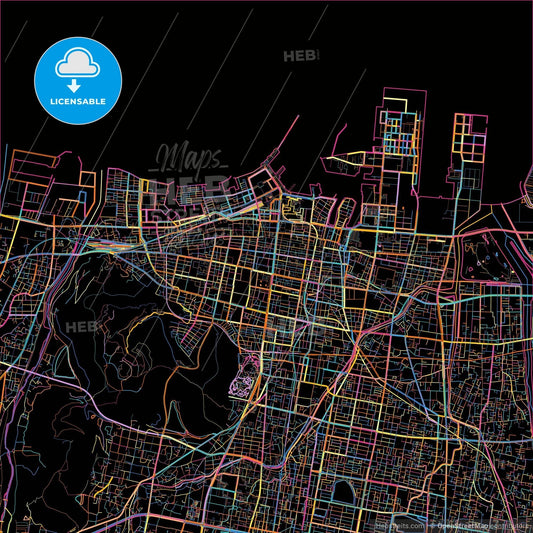 Takamatsu, Kagawa, Japan, colorful city map on black background