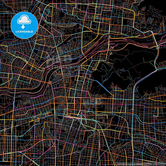 Gifu, Gifu, Japan, colorful city map on black background
