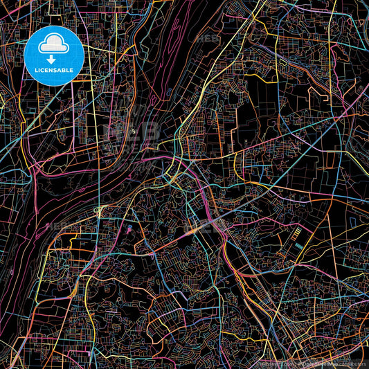 Hirakata, Osaka, Japan, colorful city map on black background