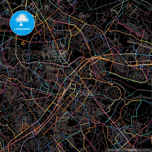 Kashiwa, Chiba, Japan, colorful city map on black background