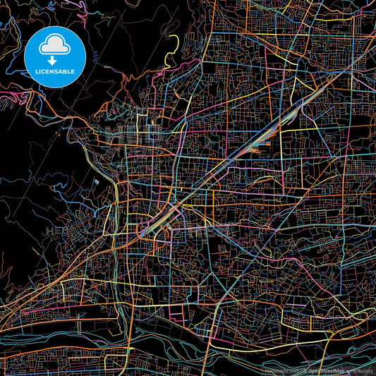 Nagano, Nagano, Japan, colorful city map on black background