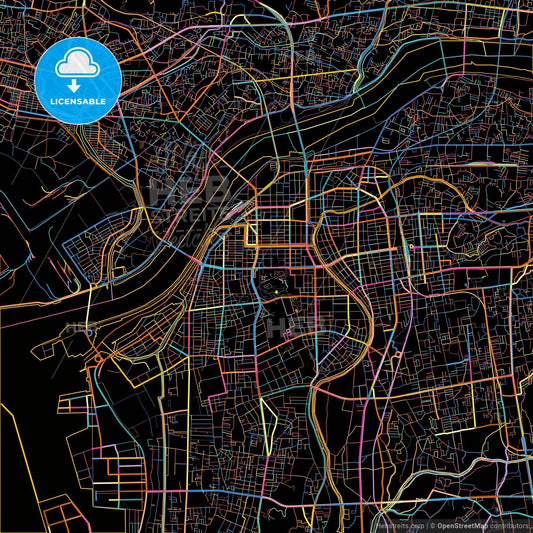 Wakayama, Wakayama, Japan, colorful city map on black background