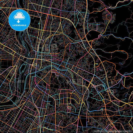Okazaki, Aichi, Japan, colorful city map on black background