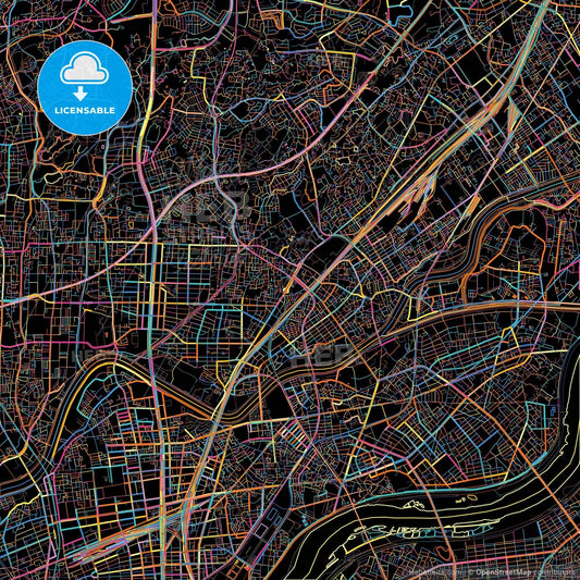 Suita, Osaka, Japan, colorful city map on black background