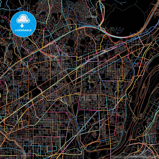 Takatsuki, Osaka, Japan, colorful city map on black background