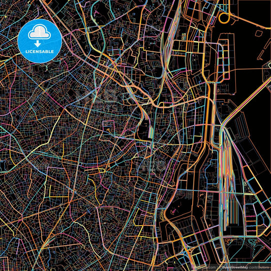 Shinagawa, Tokyo, Japan, colorful city map on black background