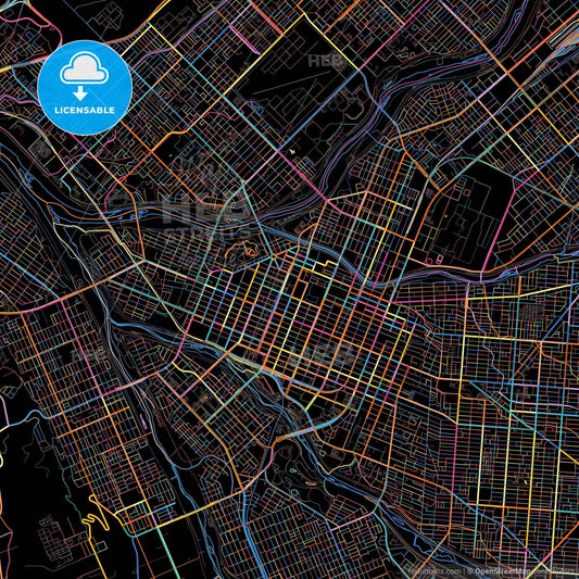 Asahikawa, Hokkaidō, Japan, colorful city map on black background