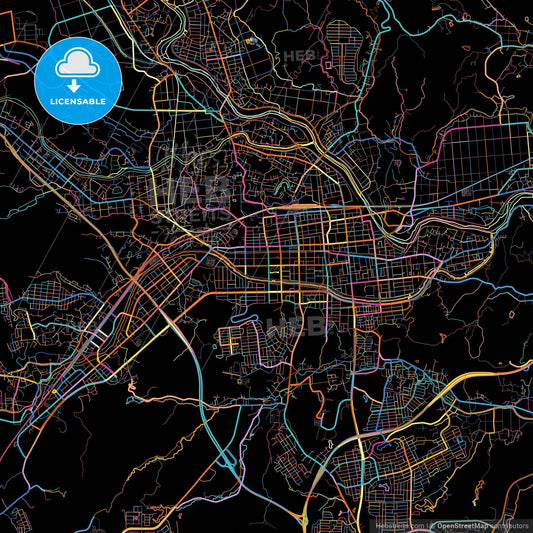 Iwaki, Fukushima, Japan, colorful city map on black background