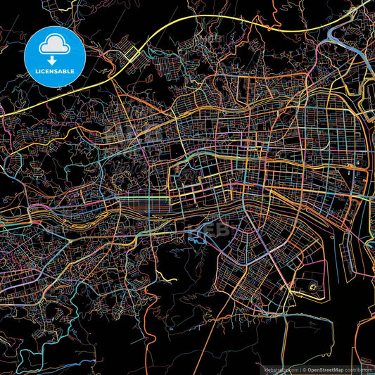 Kōchi, Kōchi, Japan, colorful city map on black background