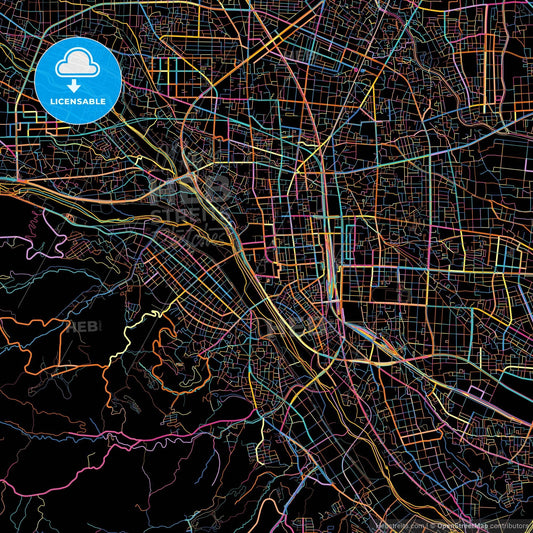 Takasaki, Gunma, Japan, colorful city map on black background