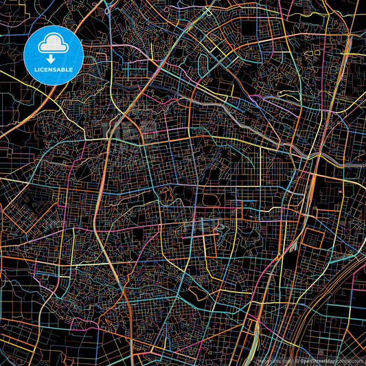 Kōriyama, Fukushima, Japan, colorful city map on black background