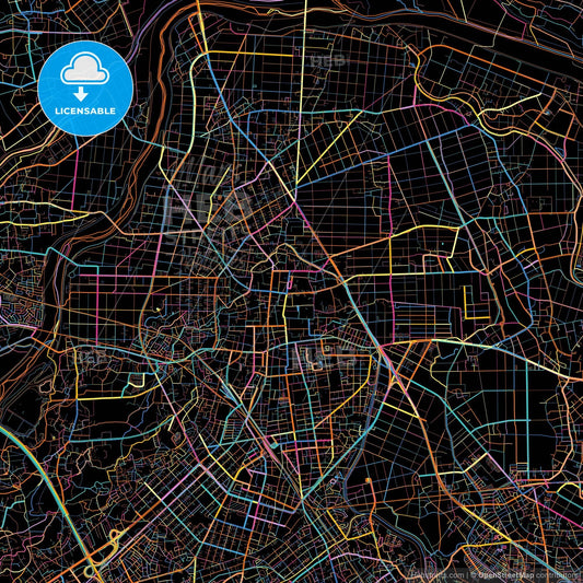 Kawagoe, Saitama, Japan, colorful city map on black background
