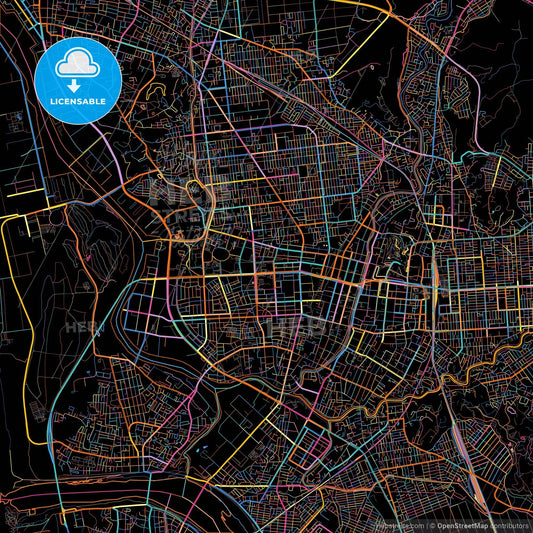 Akita, Akita, Japan, colorful city map on black background