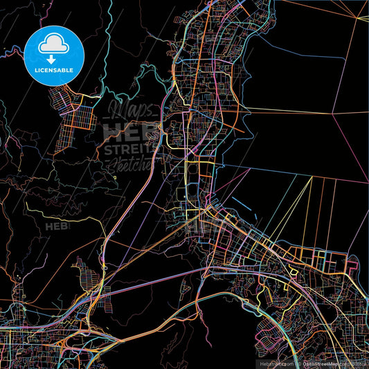 Ōtsu, Shiga, Japan, colorful city map on black background