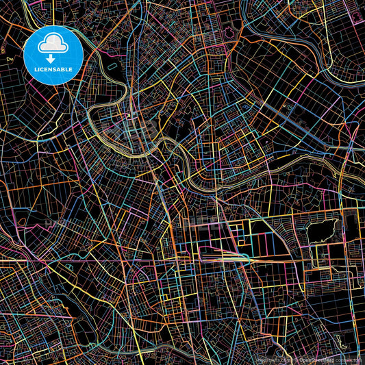 Koshigaya, Saitama, Japan, colorful city map on black background