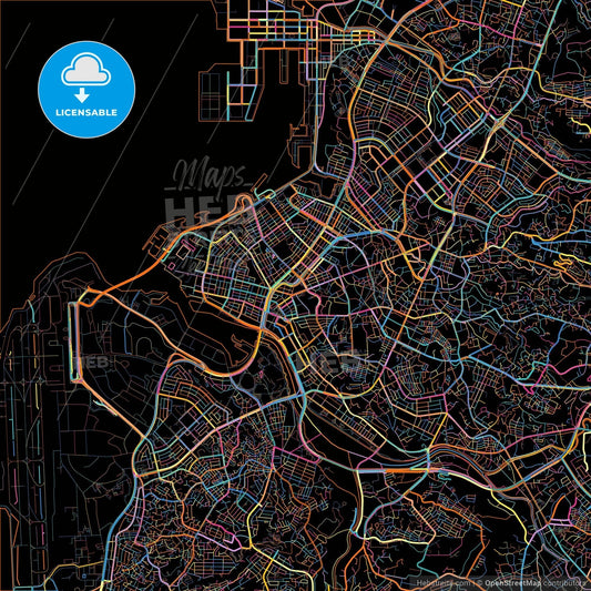 Naha, Okinawa, Japan, colorful city map on black background