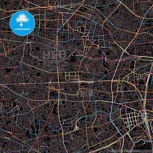 Nakano, Tokyo, Japan, colorful city map on black background