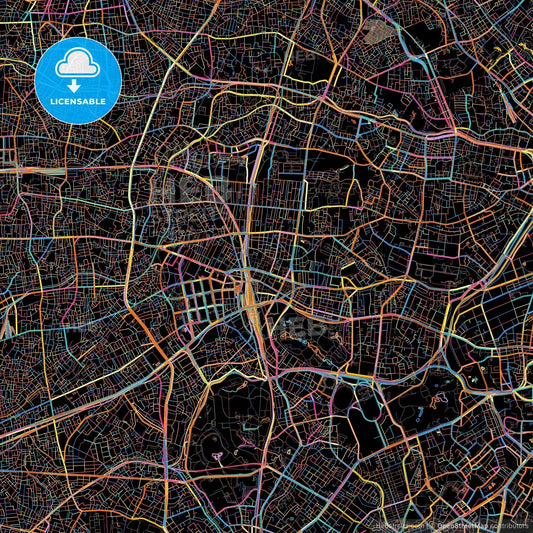 Shinjuku, Tokyo, Japan, colorful city map on black background