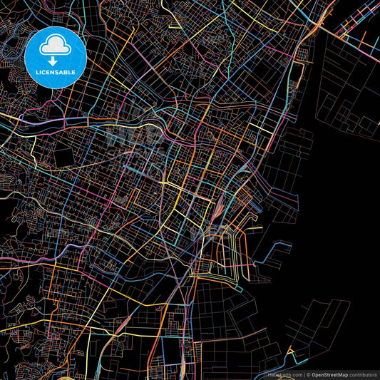 Yokkaichi, Mie, Japan, colorful city map on black background