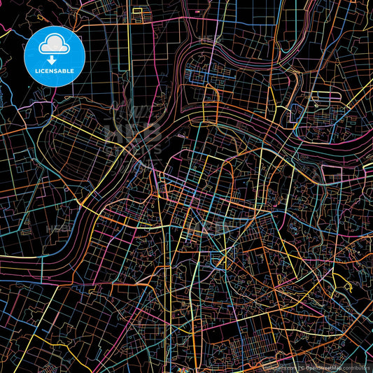 Kurume, Fukuoka, Japan, colorful city map on black background