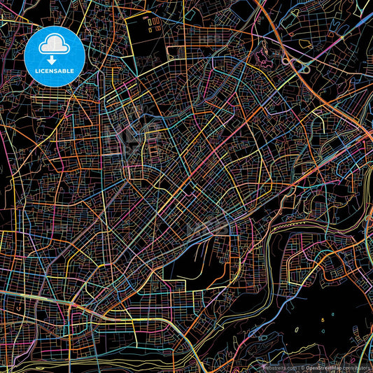 Kasugai, Aichi, Japan, colorful city map on black background